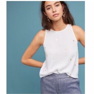✨Cloth & Stone White Polka Dot Sleeveless Round Neck Laser Cut Sz L Blouse✨